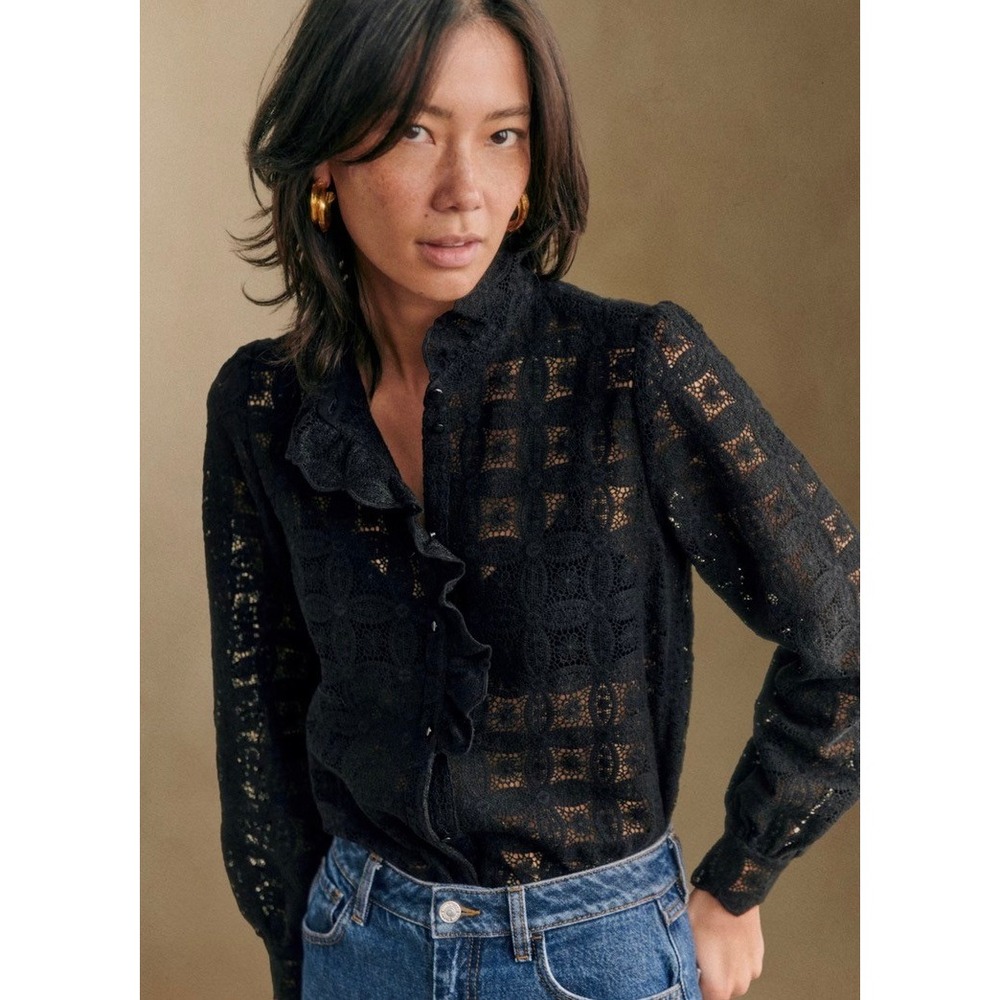 SEZANE Chlo Shirt Women 0 Black Lace Ruffle Long Sleeve Button Up Blouse Sheer
